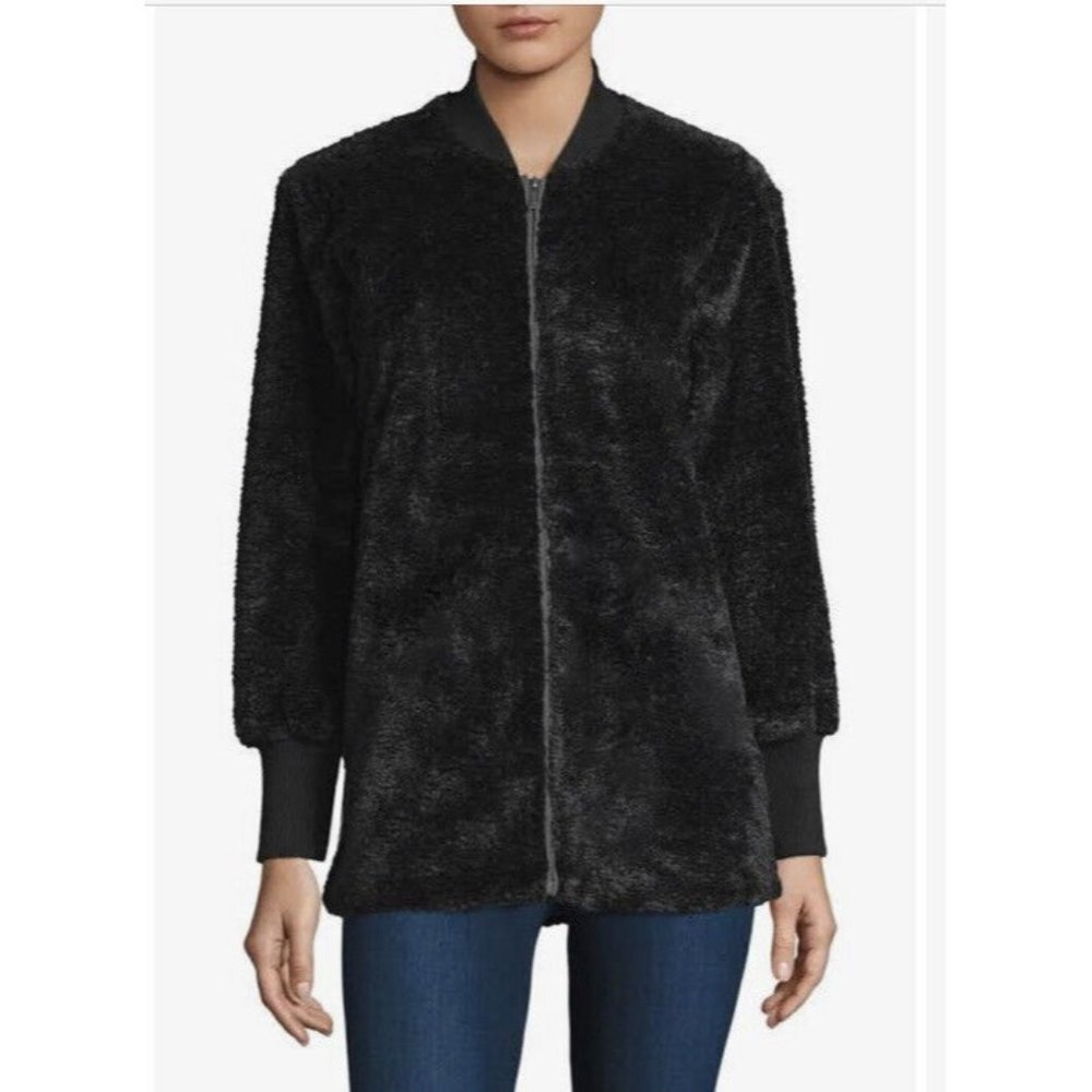 Splendid Womens Grammercy Faux Fur Jacket Black Zip Mandarin Collar Lined SZ S